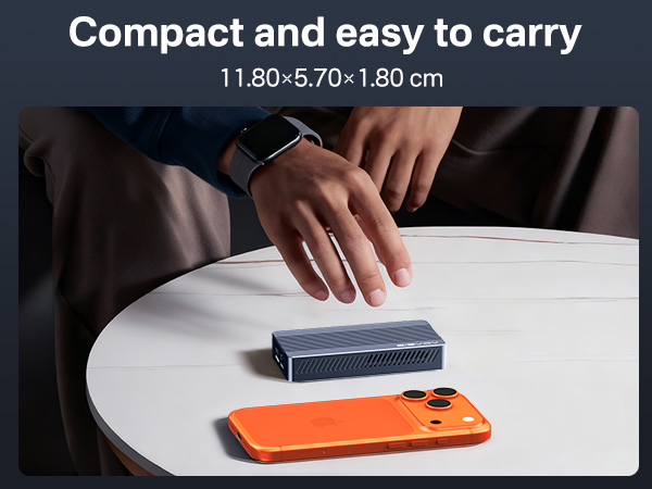 Text reads 'Compact and easy to carry' and '11.80-5.70-1.80 cm'. Series of images showing hands demonstrating the compact nature of an orange-colored device on white surface.