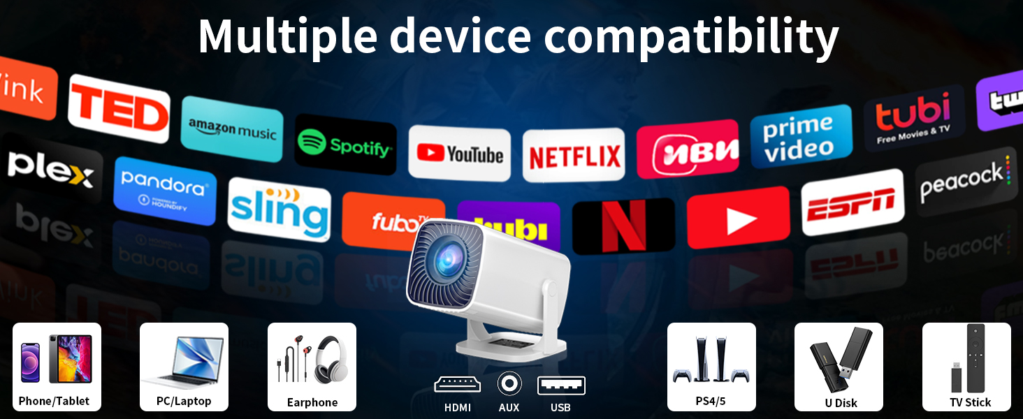 Smart projector with native 1080P resolution and WiFi Bluetooth connectivity