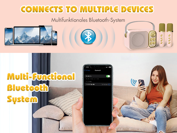 Infographic showing multi-functional Bluetooth system connecting to various devices including smartphones, tablets, and audio equipment.