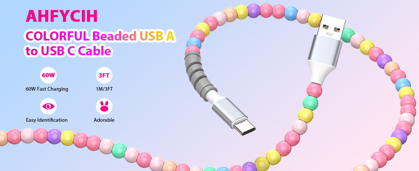 60W Beaded USB A to USB C Carplay Cable 3FT for iPhone 17 Pro Max 16 15