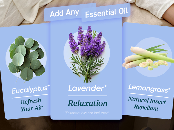 You can add any essential oil as you want, such as Eucalyptus, Lavender and Lemongrass