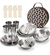 Odoland Stainless Steel Camping Mess Kit for Family &amp; Person, Cooking Tableware Utensils with Pla...