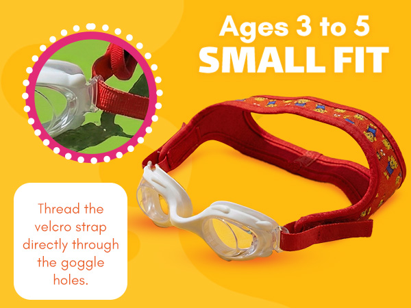 Daniel's Tiger swim goggle strap adjusted for a medium fit for kids ages 5 to 7