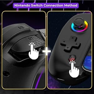Nintendo Switch connection method diagram showing two controller parts with highlighted buttons, indicating pairing process for the gaming device.