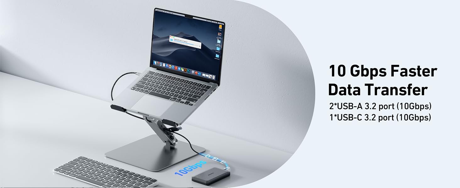 Text reads '10 Gbps Faster' and 'Data Transfer'. Product advertising showing laptop computers and technical illustration demonstrating data transfer speed