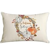 Bayson Fall Throw Pillow Cover Watercolor Autumn Pumpkin Branch Wreath Thanksgiving Farmhouse Dec...