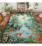 Amearea Jungle Print 5x7 Area Rug for Living Room, Washable Green Rugs for Bedroom, Forest Animal...