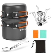 Odoland 6pcs Camping Cookware Mess Kit with Lightweight Pot, Stove, Spork and Carry Mesh Bag, Gre...