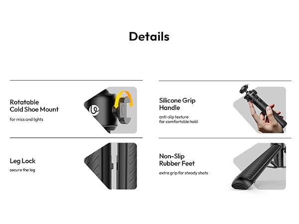 Text reads 'Details' followed by technical specifications showing different parts including 'Leg Lock', 'Non-Slip Rubber Feet', and various handle and mount features of the product.