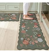 Collive Anti Fatigue Kitchen Mats, Scalloped Green Floral Kitchen Rugs Set of 2 Non Slip Waterpro...
