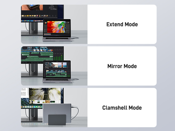 Laptop display modes: Extend, Mirror, and Clamshell. Shows multiple screens and configurations for digital workspaces.