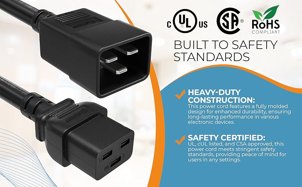 IEC320 C20 to C19 Heavy Duty Extension Power Cord, 12AWG, SJT, 20A/250V