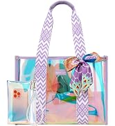 F-color Iridesent Beach Bag for Women - Waterproof Beach Tote Clear Pool Bag with Phone Pouch for...