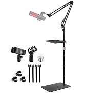 BILIONE Microphone Stand Floor with Tray &amp; Boom Arm, 5.5lbs Weighted Base, Height Adjustable Stud...