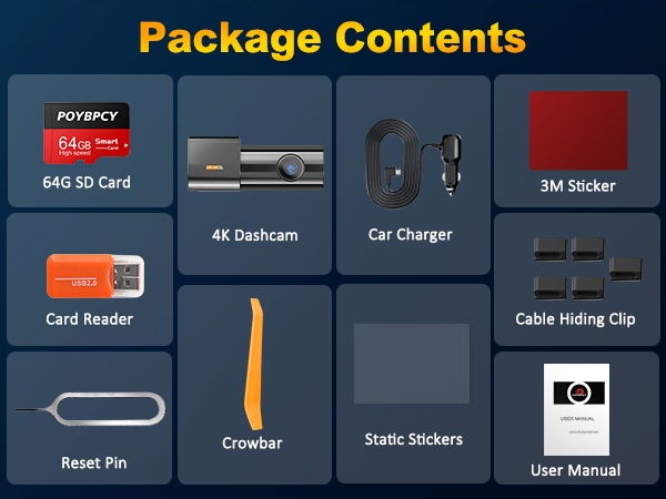Product package contents display. Includes SD card, dashcam, charger, card reader, cable clips, and various accessories.