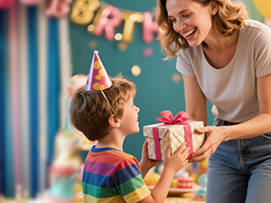 Indoor scene showing interaction with colorful toys and activities. Warm lighting creates playful atmosphere with blurred background elements.