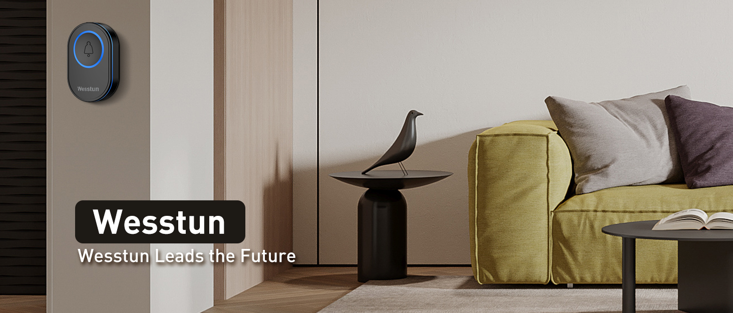 Wall-mounted smart device in a modern living room setting. Dark circular device with blue light, labeled 'Wesstun'.