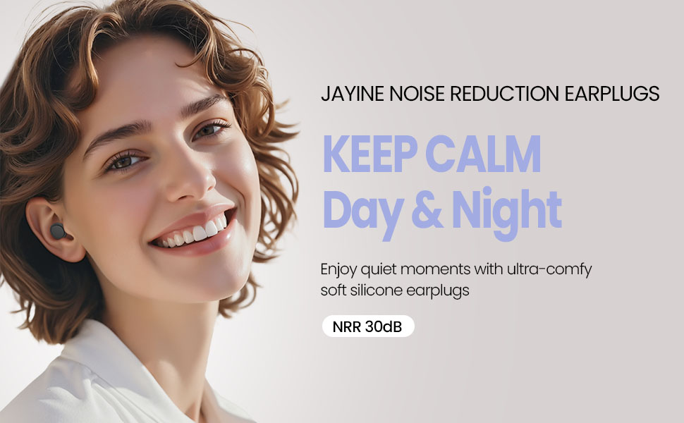 Text reads 'JAYNNE NOISE REDUCTION EARPLUGS' and 'KEEP CALM Day &amp; Night'. Product demonstration showing blue earplugs with multiple use scenarios.