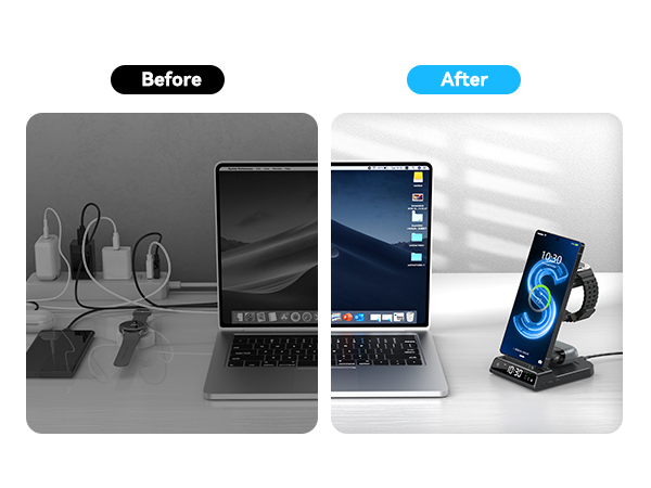 Text reads 'Before' and 'After'. Multiple views of desktop setup transformation, showing computer equipment arrangement with blue accent lighting.