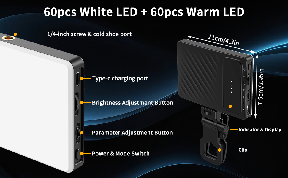 LED light panel with 120 LEDs (60 white, 60 warm). Features adjustable brightness, charging port, and control buttons. Compact design with clip for mounting.