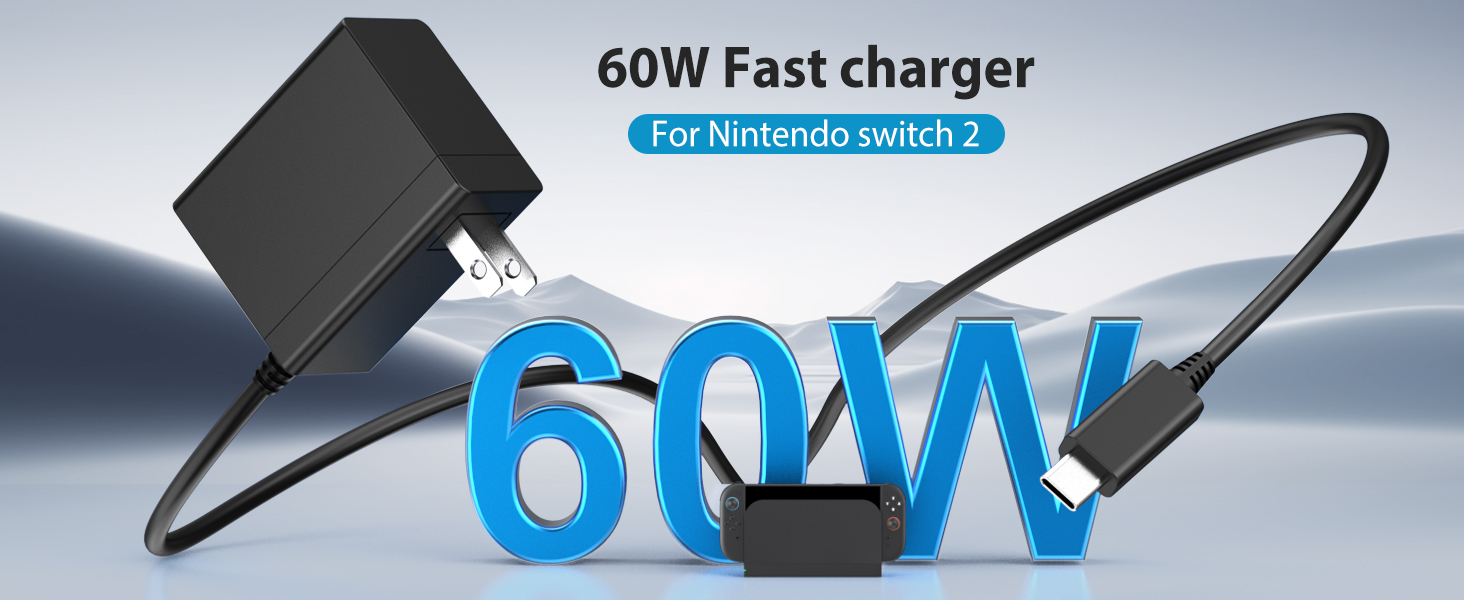 Switch 2 Charger - 60W AC Adapter for Nitendo 2(2025) with 6.6FT Long Cable, Support 4K TV Dock