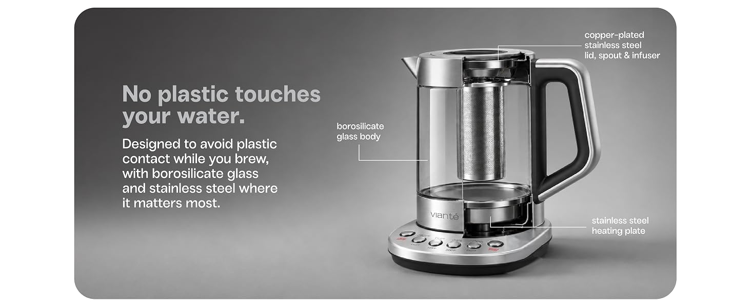 Glass tea maker cutaway showing borosilicate glass and stainless steel materials