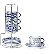 Selamica Ceramic Espresso Cups with Saucers and Metal Stand, 2.5 OZ Stackable Porcelain Cappuccin...