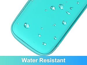 Turquoise surface showing water droplets beading up, demonstrating water-resistant properties with text overlay at bottom.