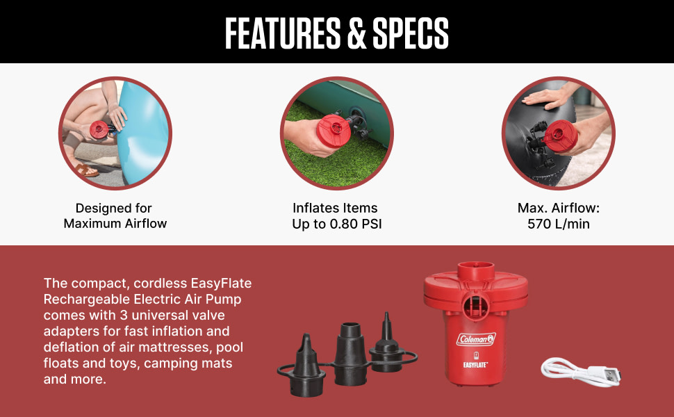 Rechargeable air pump inflates up to 0.80 PSI, 570 L/min airflow