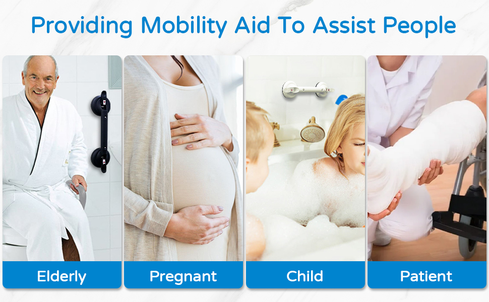 Collage of mobility aids: wall-mounted grab bar, support for pregnant woman, bathtub assistance for child, and physical therapy for patient. Illustrates various mobility support scenarios.
