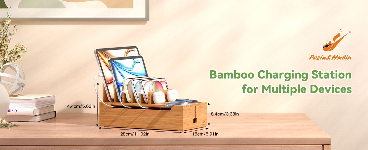 Pezin & Hulin Bamboo Charging Station for Multiple Devices, Charger Dock with 10-Port USB Charger