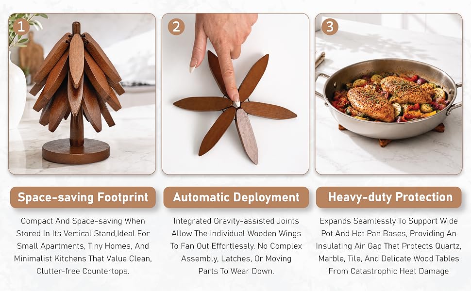 trivet tree is very easy to use, just lift from the stand put on the counter or table and press down