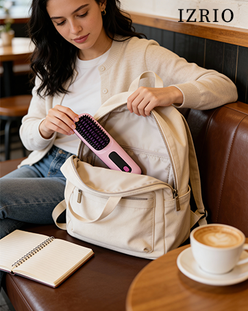 Woman packing KNISUZ portable straightener brush into backpack at cafe