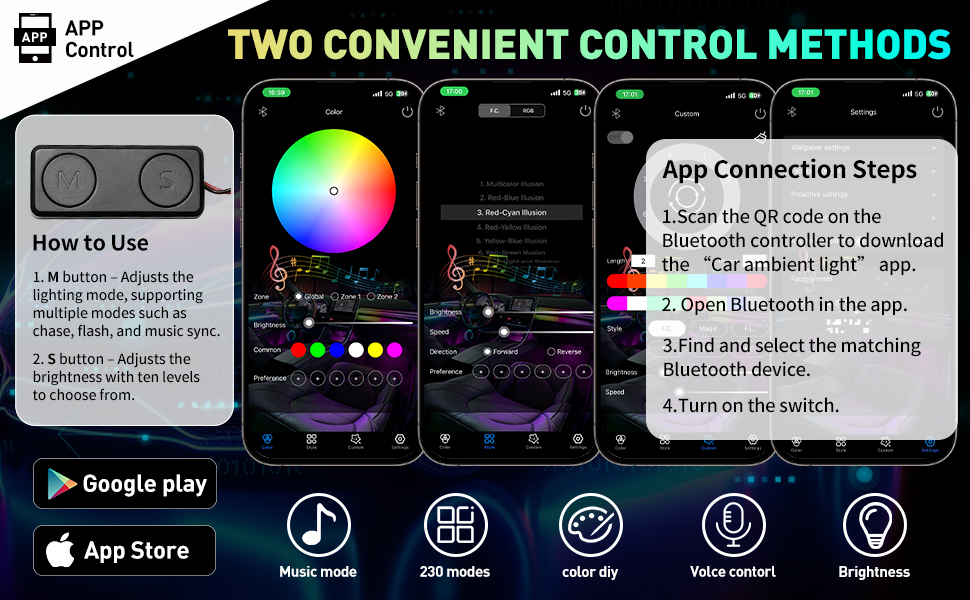 Control Tutorial: There are two convenient control methods: button switch,smartphone app control.