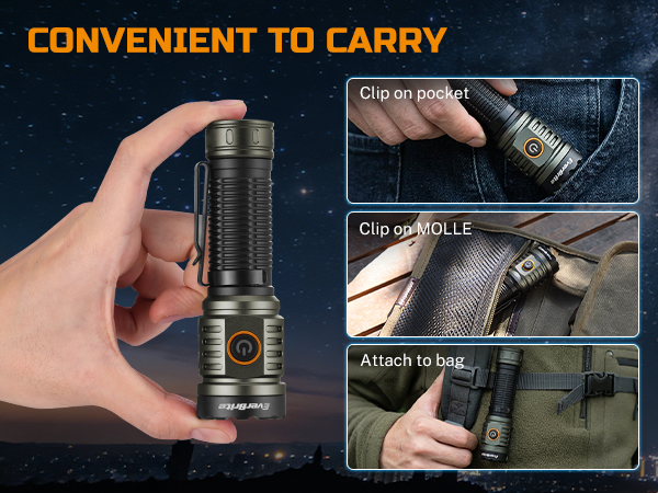 The flashlight features two-way clip, which can clip on pocket, Molle Bag, etc, convenient to carry