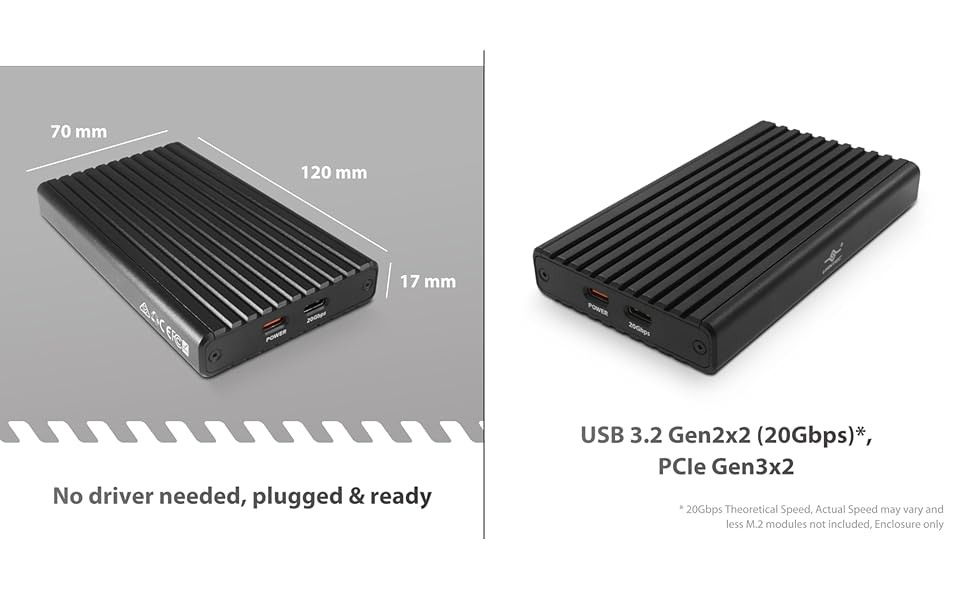 unit measurement, no driver needed, plugged and ready, USB 3.2 Gen2x2 (20Gbps) PCIe Gen2x2