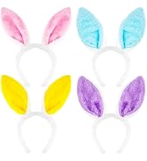 Tedercle 4 Pack Fluffy Bunny Ears Headbands for Adults and Kids, Plush Pink, Blue, Yellow, and Pu...