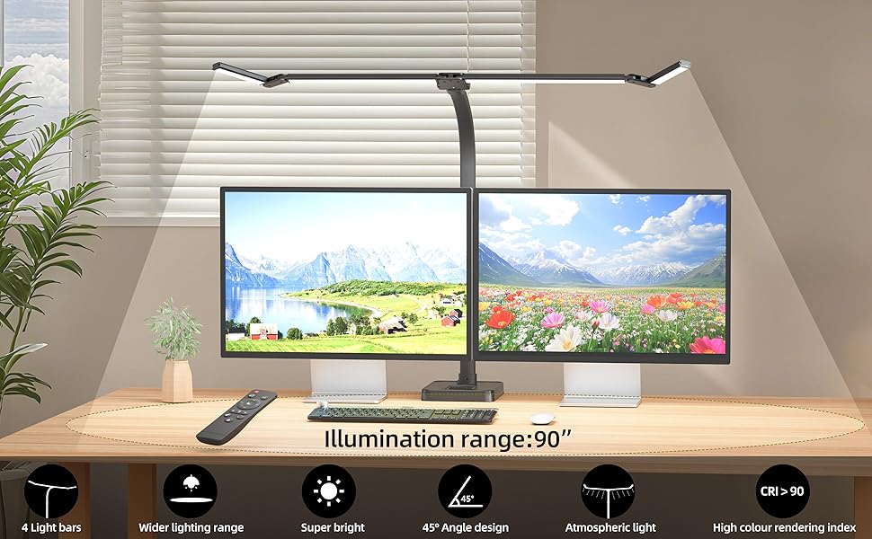 Dual-Monitor LED Desk Lamp with 90-inch Wide Illumination Range, 4 Light Bars, 45° Angled Design