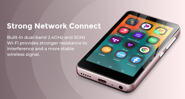 Text reads 'Strong Network Connect'. Multiple views of a smartphone screen displaying colorful app icons and interface elements.