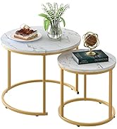 aboxoo Coffee Table Nesting White Set of 2 Side Set Golden Frame Circular Round and Marble Patter...