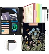 Floral Leather Spiral Clipboard Folio with Storage for Men, Portfolio 5 Folders with 10 Pockets, ...