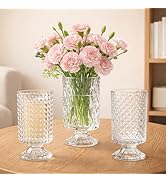 WRINGKIT Set of 3 Embossed Glass Vase, 7'' Clear Vases for Flowers Centerpieces, Wide Mouth Pedes...