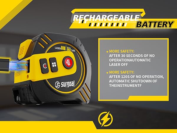 Rechargeable battery, laser tape measure with safety auto-off.