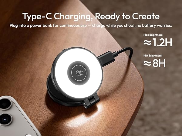 Text reads 'Type-C Charging, Ready to Create'. Close-up product shots showing charging capability with '˜12H' and '˜8H' battery life indicators.