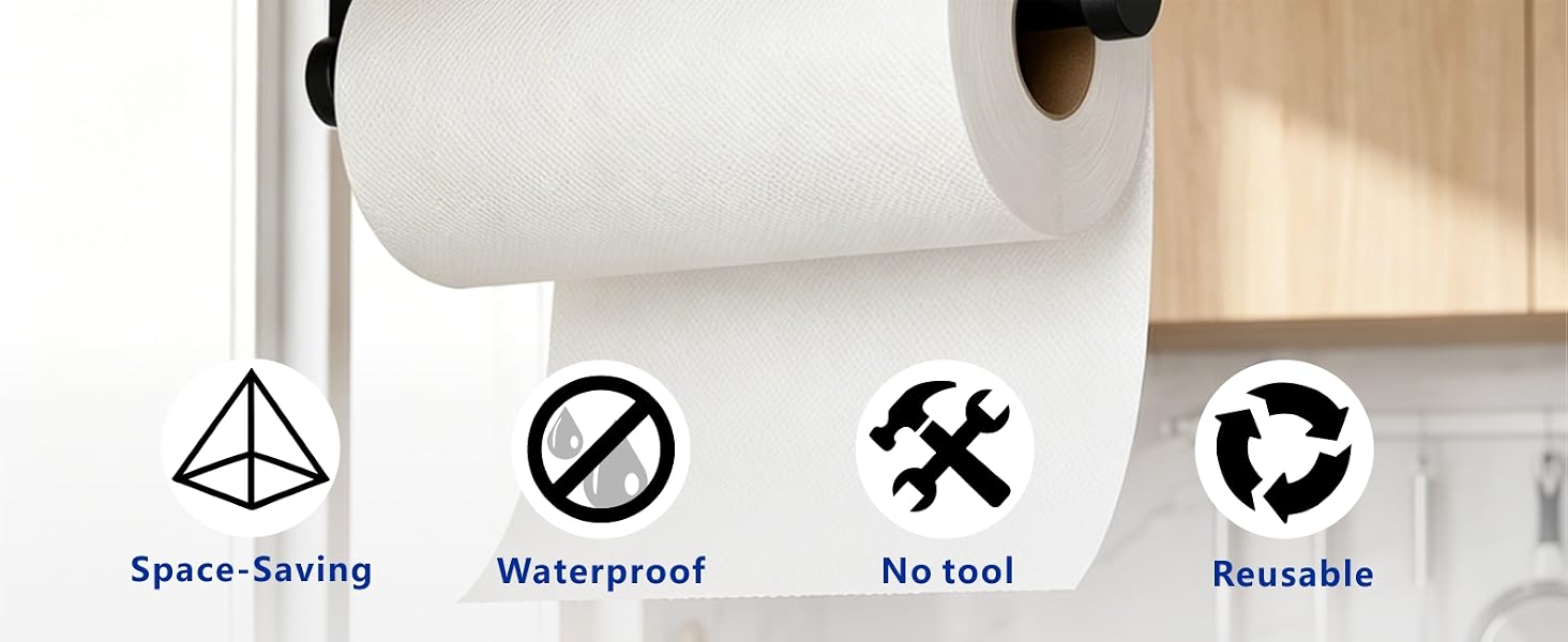 Text reads: 'Space-Saving', 'Waterproof', 'No tool', 'Messable'. Paper towel holder with roll dispenser and four feature icons displayed below.