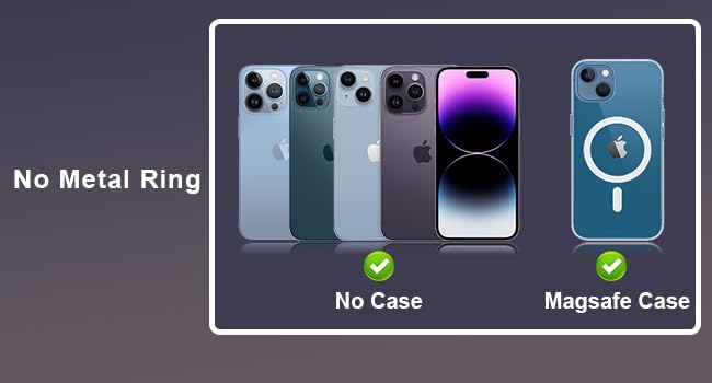 Smartphone comparison showing models without metal ring and with Magsafe case. Illustrates compatibility with magnetic accessories for certain phone models.