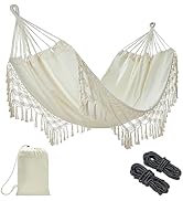 JoyView Boho Macrame Double Hammock with Hanging Ropes &amp; Elegant Tassels 86.6x59 Portable Cotton ...