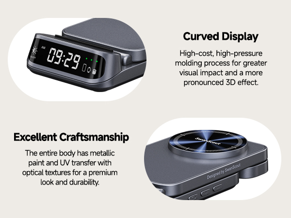 Car dashboard display with curved screen showing digital time 09:29. Device has metallic body with optical textures, buttons on side. Features high-pressure molding for 3D effect.