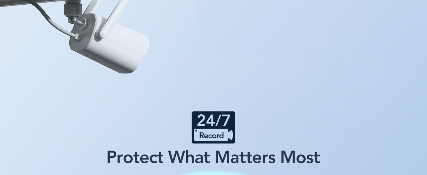 Security camera mounted on wall with text '24/7 Record' and 'Protect What Matters Most', emphasizing continuous surveillance capabilities.