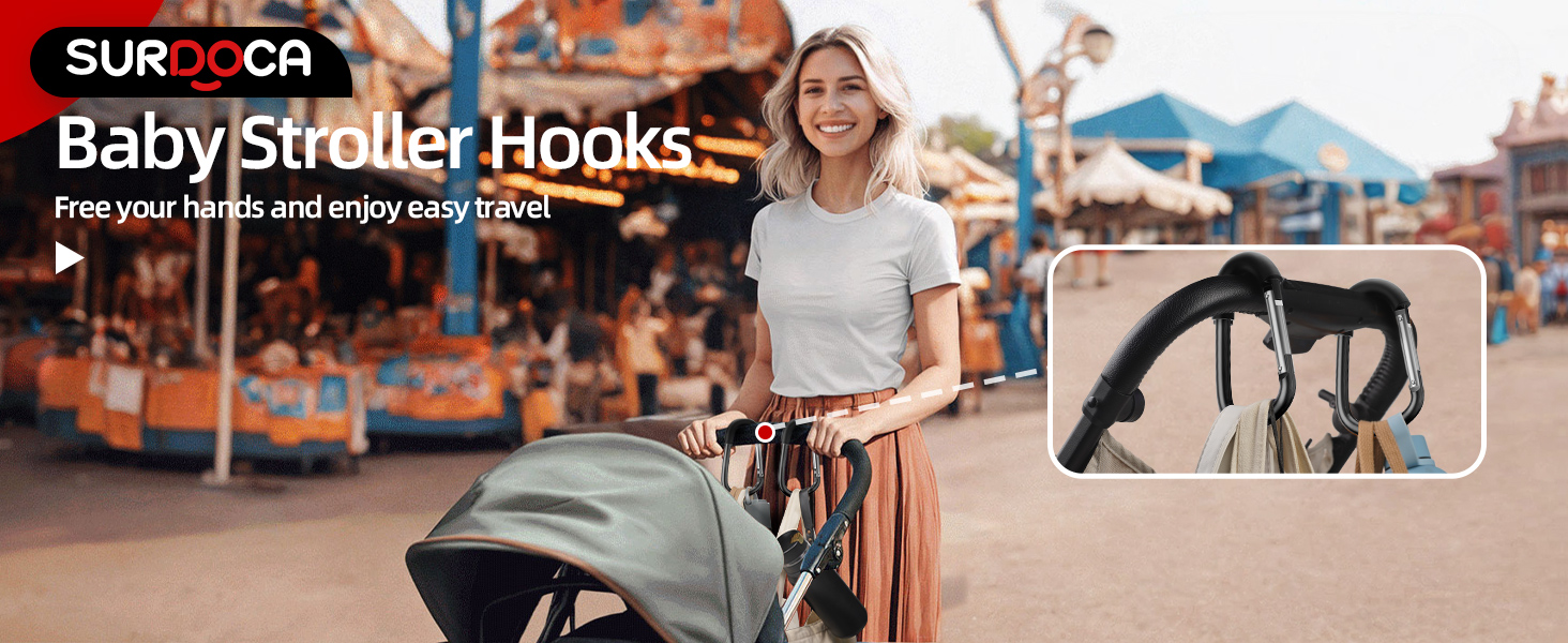 Baby stroller hooks for hands-free travel. Main image shows woman with stroller at fairground. Inset image displays black hooks attached to stroller handlebar.